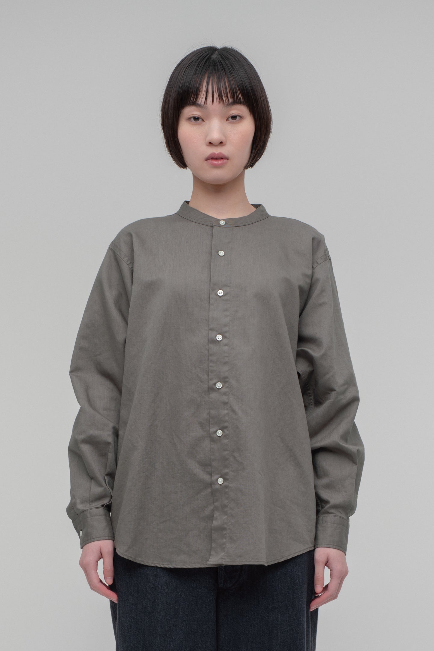Band Collar Long Sleeve Shirt (Cotton Linen)